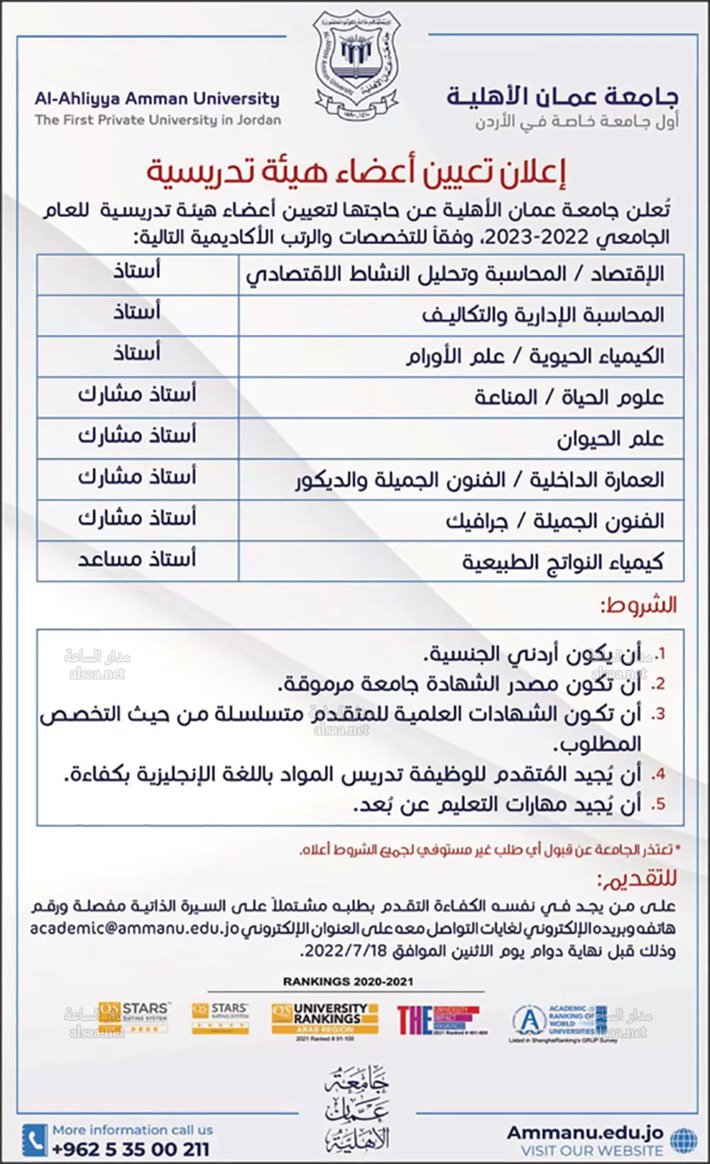 مدار الساعة,أخبار الجامعات الأردنية,وظائف شاغرة في الأردن
