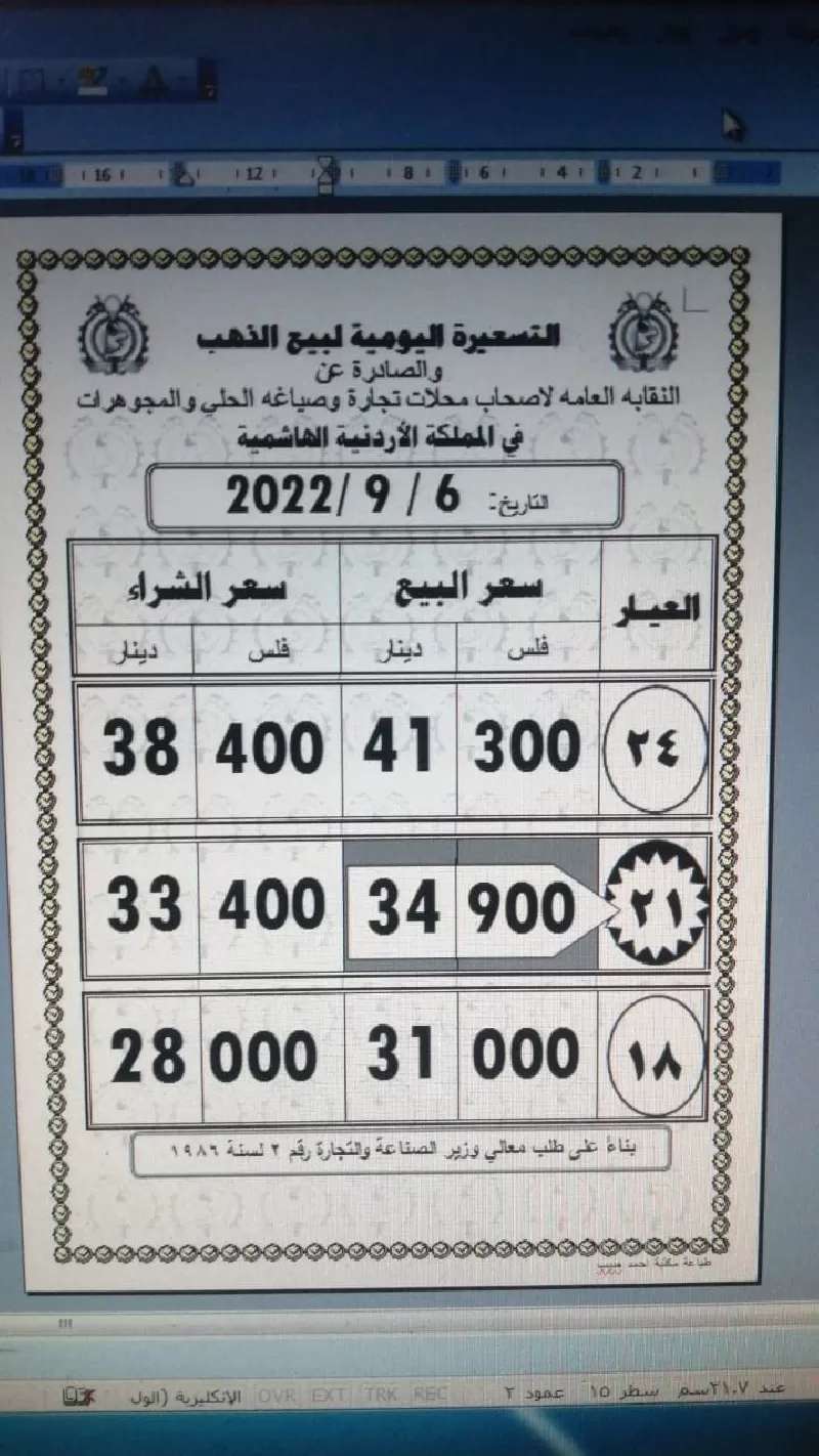 مدار الساعة,أخبار اقتصادية,أسعار الذهب في الأردن,النقابة العامة لأصحاب محلات تجارة وصياغة الحلي والمجوهرات,أسعار الذهب