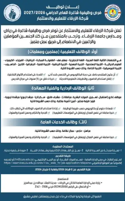 جامعة الزرقاء تعلن فرصا وظيفية شاغرة