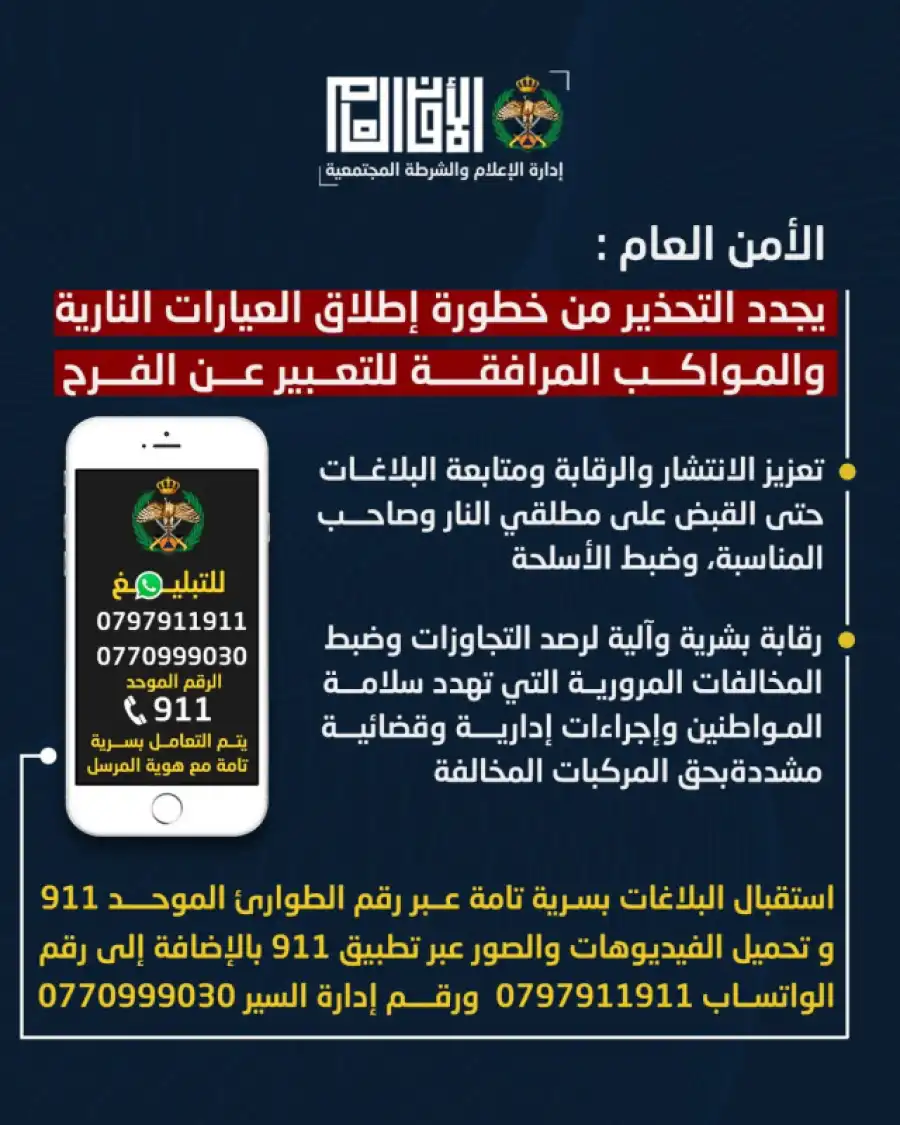 مدار الساعة,أخبار الأردن,اخبار الاردن,رقم الطوارئ الموحد,مديرية الأمن العام,الأمن العام,إدارة السير